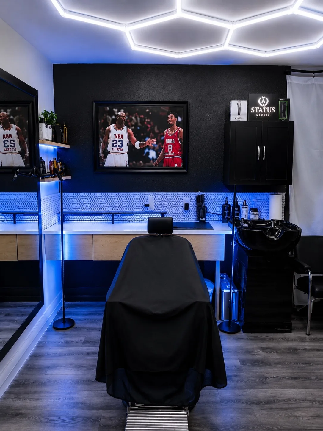 LED-lit station inside Status A Studio